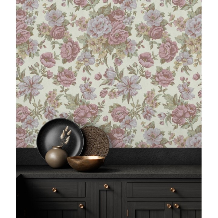 Papel pintado flores románticas barrocas efecto bordado con relieve - Anastasia Garden 676418