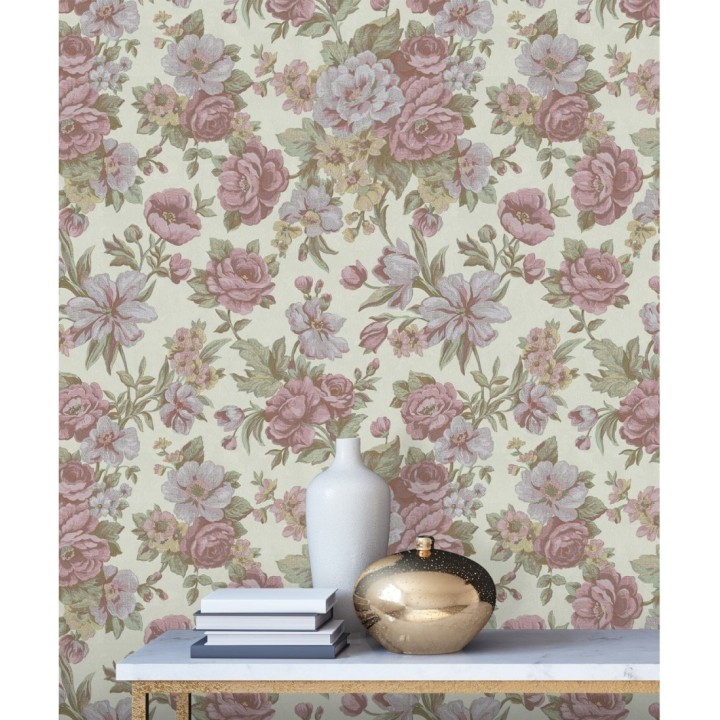 Papel pintado flores románticas barrocas efecto bordado con relieve - Anastasia Garden 676418