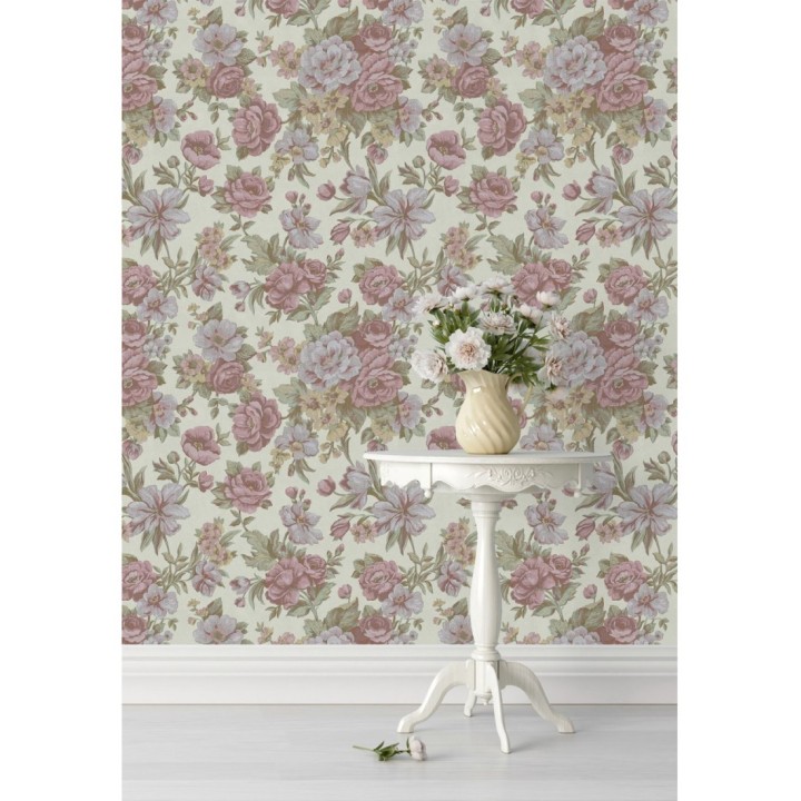 Papel pintado flores románticas barrocas efecto bordado con relieve - Anastasia Garden 676418