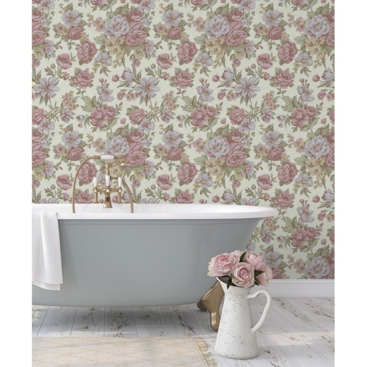 Papel pintado flores románticas barrocas efecto bordado con relieve - Anastasia Garden 676418