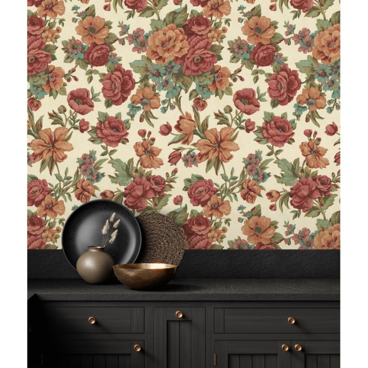 Papel pintado flores románticas barrocas efecto bordado con relieve - Anastasia Garden 676419