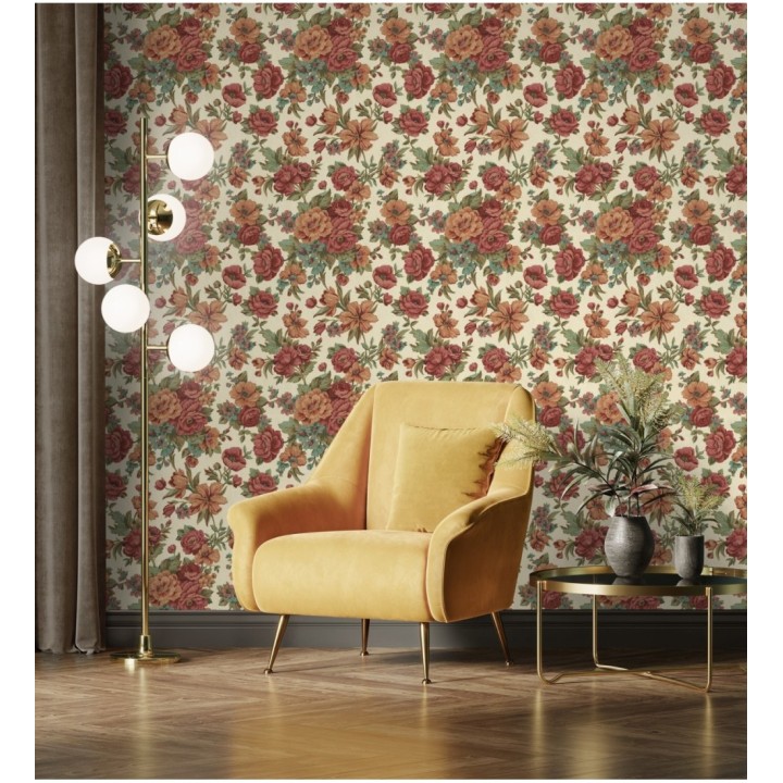 Papel pintado flores románticas barrocas efecto bordado con relieve - Anastasia Garden 676419