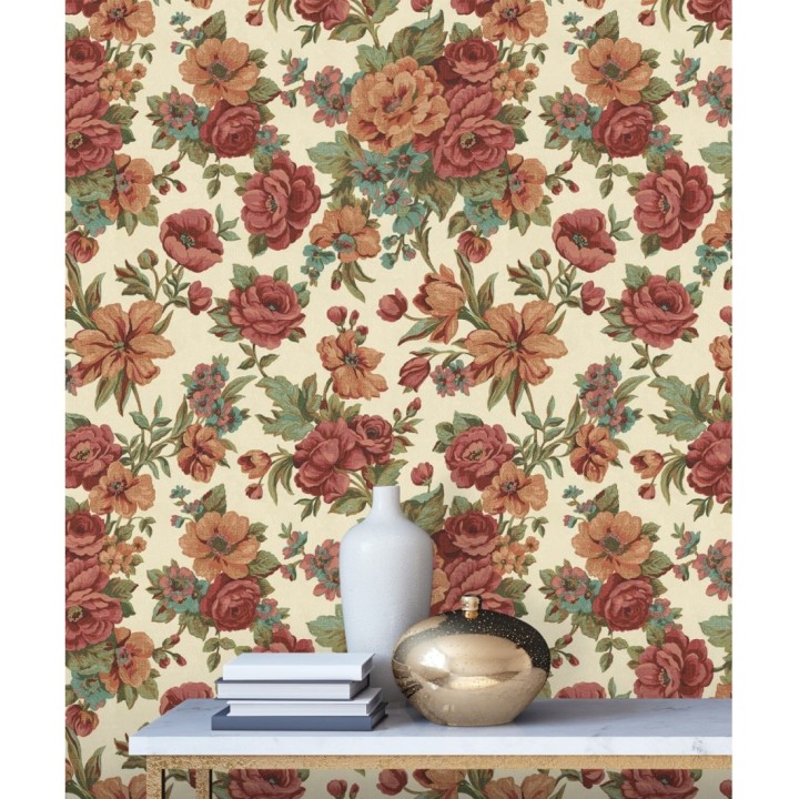 Papel pintado flores románticas barrocas efecto bordado con relieve - Anastasia Garden 676419