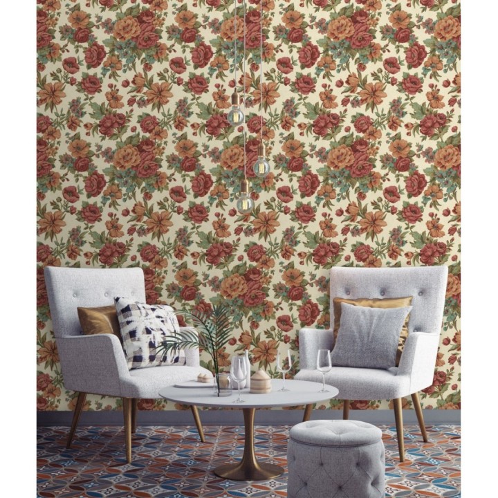 Papel pintado flores románticas barrocas efecto bordado con relieve - Anastasia Garden 676419