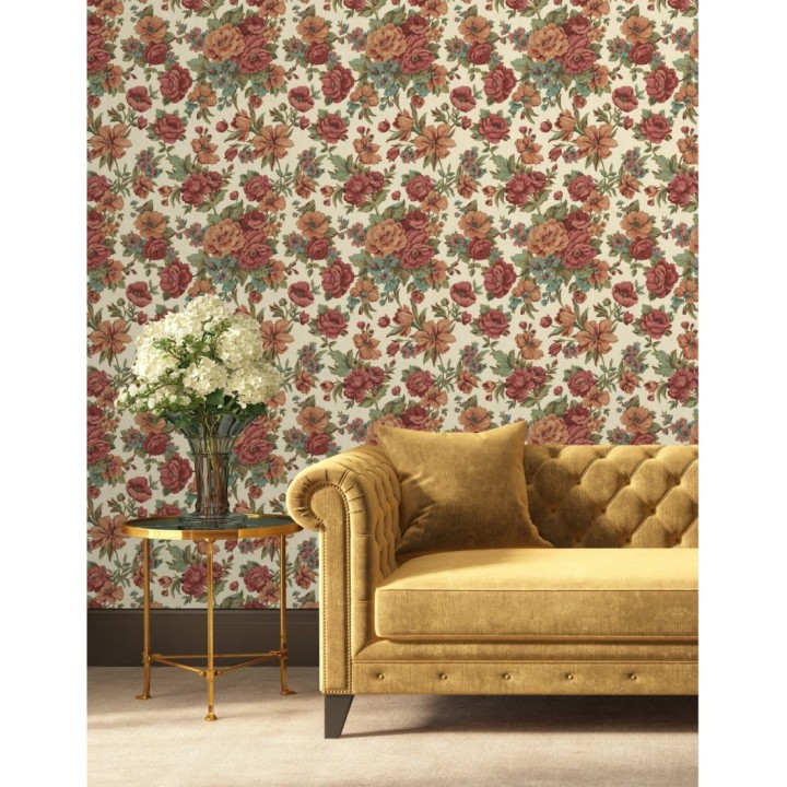 Papel pintado flores románticas barrocas efecto bordado con relieve - Anastasia Garden 676419