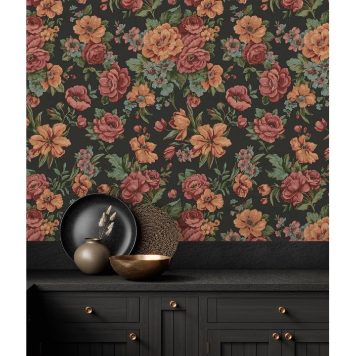 Papel pintado flores románticas barrocas efecto bordado con relieve - Anastasia Garden 676420