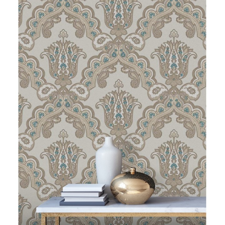 Papel pintado damasco hindú con efecto bordado en relieve - Alexander Damask 676434