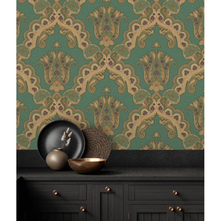 Papel pintado damasco hindú con efecto bordado en relieve - Alexander Damask 676435