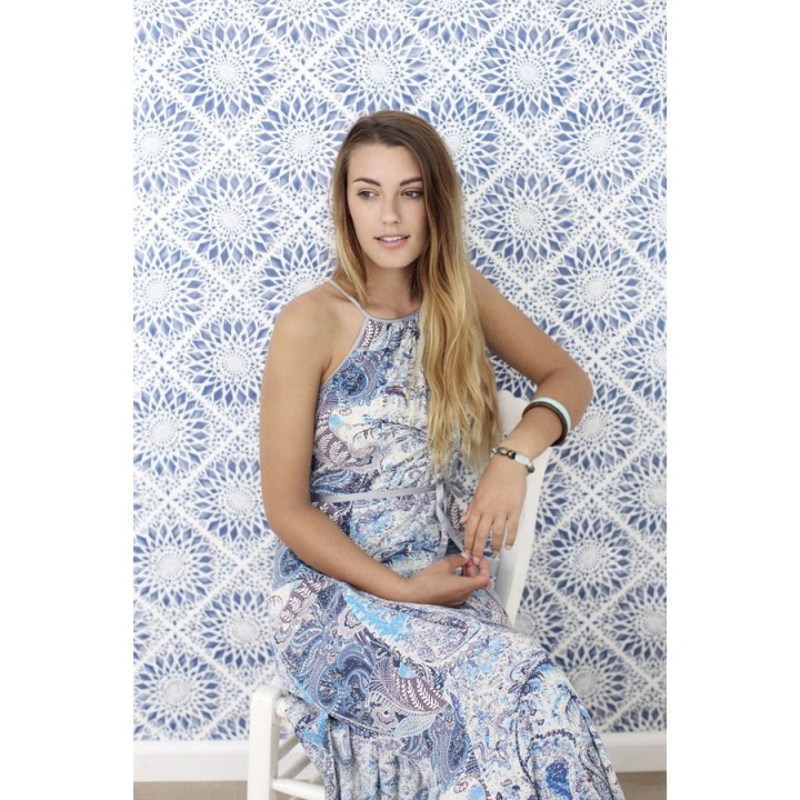 Papel pintado mosaico de azulejos modernos azul y blanco - Ibizan Metrix 676969