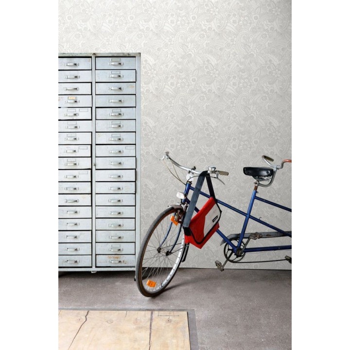 Papel pintado mandalas gris claro y blanco estilo ibicenco - Ibizan Flowers 676970