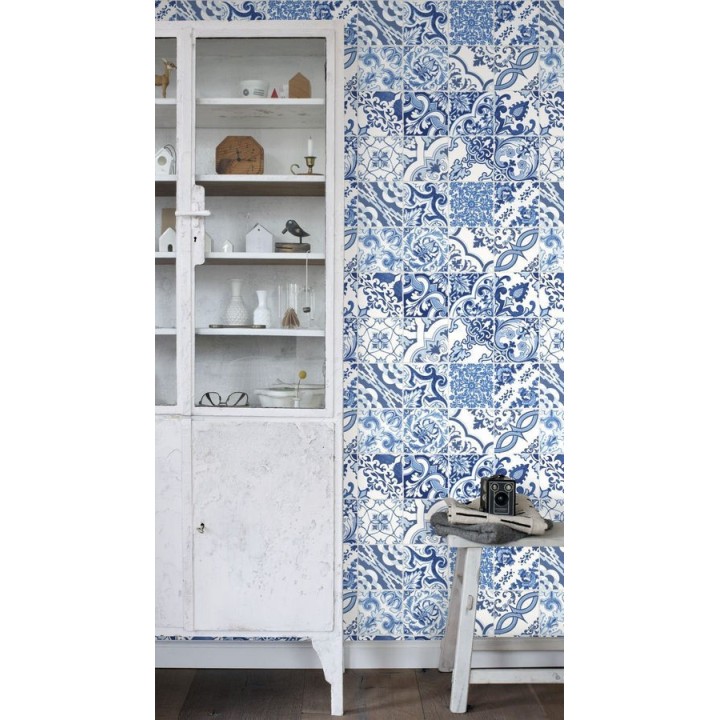 Papel pintado mosaico de azulejos árabes estilo marroquí azul y blanco - Casablanca Secret 676993