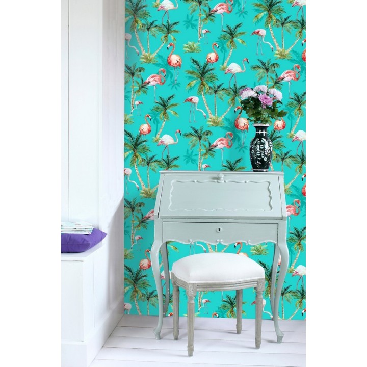 Papel pintado de flamencos y palmeras estilo tropical - Caribbean Island 677015