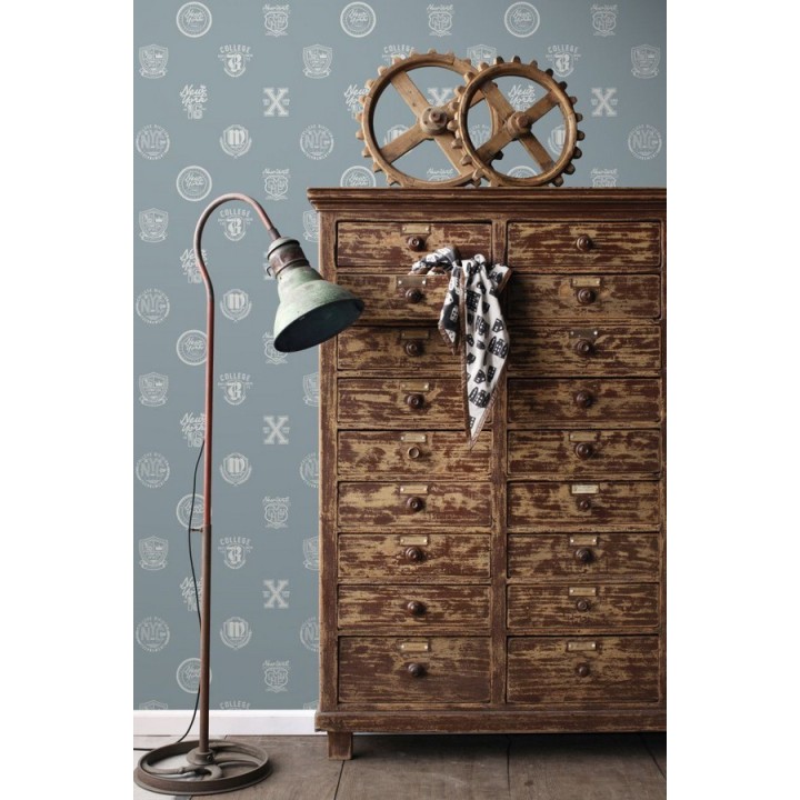 Papel pintado con emblemas universatarios fondo azulado  - Champion Spirit 677022