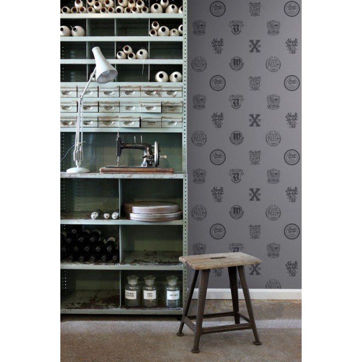 Papel pintado con emblemas universitarios fondo gris oscuro - Champion Spirit 677025