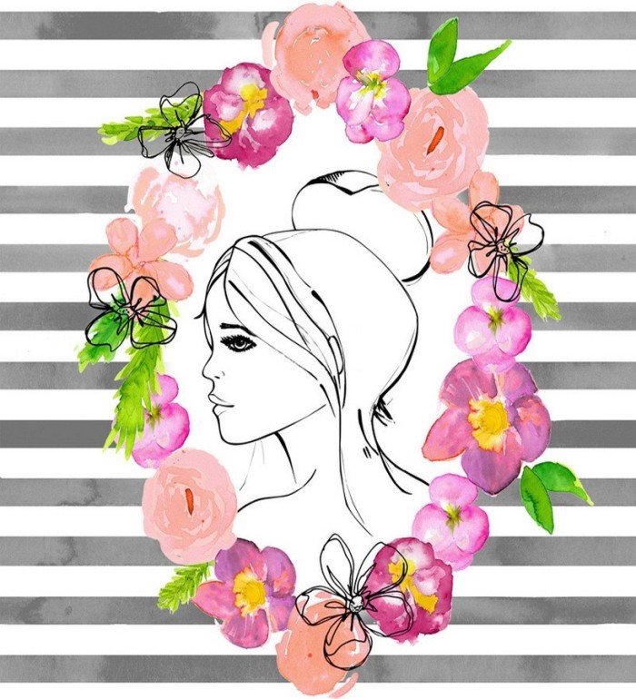 Papel pintado silueta cara de mujer sobre fondo de rayas - Villa Laura 677246