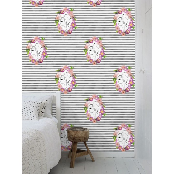 Papel pintado silueta cara de mujer sobre fondo de rayas - Villa Laura 677246