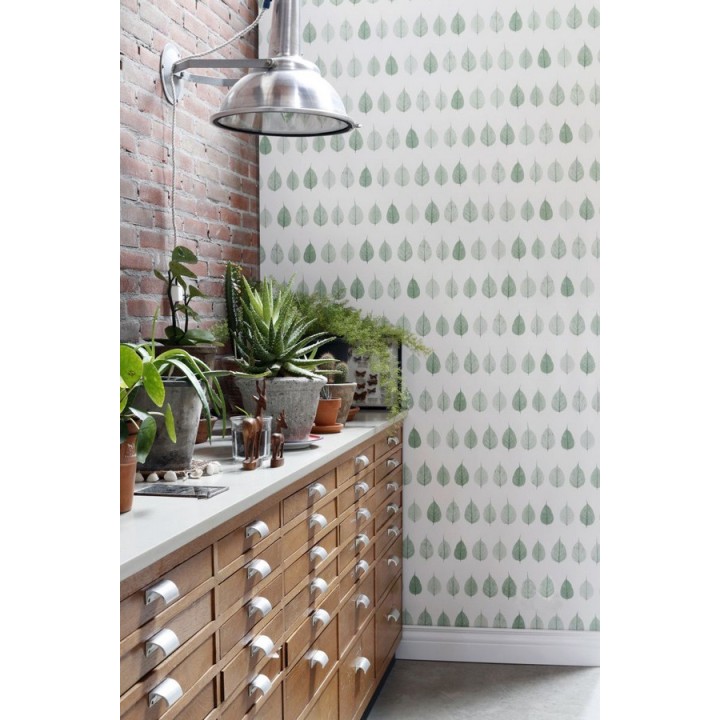 Papel pintado hojas pequeñas verdes fondo blanco estilo minimalista - Danish Fall 677265