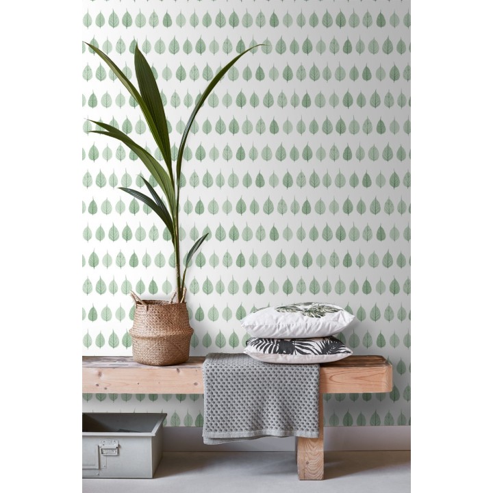 Papel pintado hojas pequeñas verdes fondo blanco estilo minimalista - Danish Fall 677265