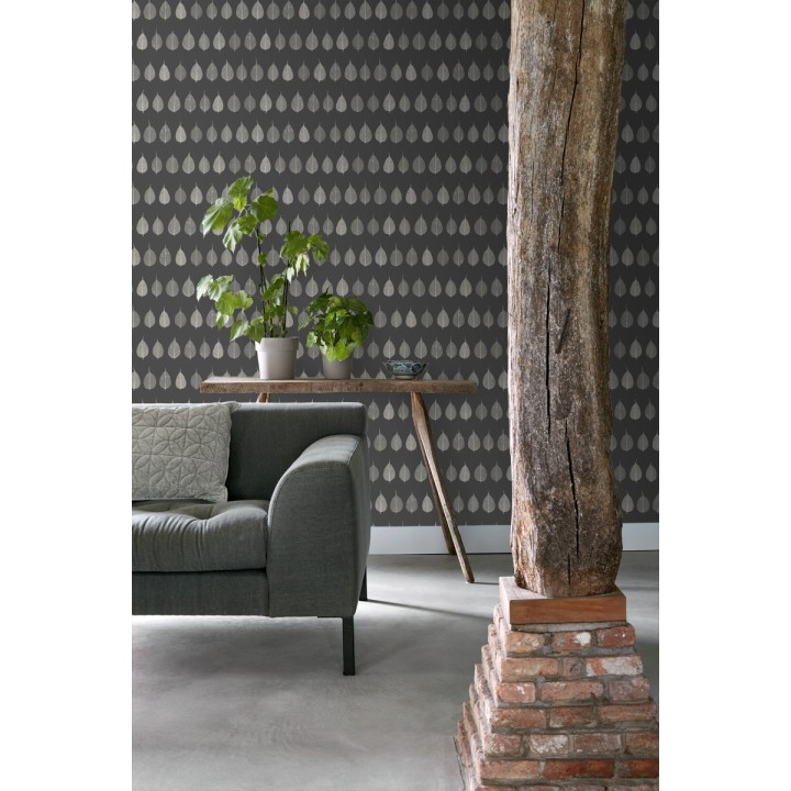 Papel pintado hojas pequeñas grises fondo negro estilo minimalista - Danish Fall 677267