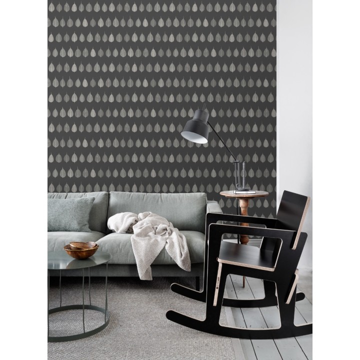 Papel pintado hojas pequeñas grises fondo negro estilo minimalista - Danish Fall 677267