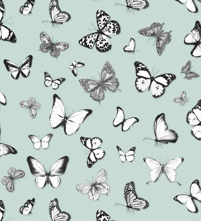 Papel pintado mariposas blancas y negras con fondo verde claro - Natural Dance 677278