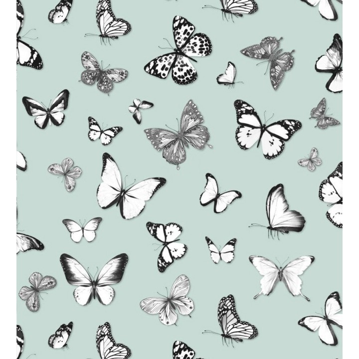 Papel pintado mariposas blancas y negras con fondo verde claro - Natural Dance 677278