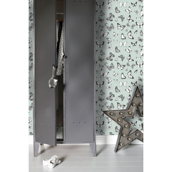 Papel pintado mariposas blancas y negras con fondo verde claro - Natural Dance 677278