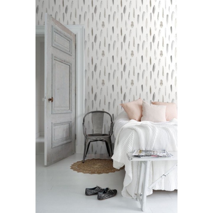 Papel pintado plumas ocres fondo blanco - Bohemian Rain 677295