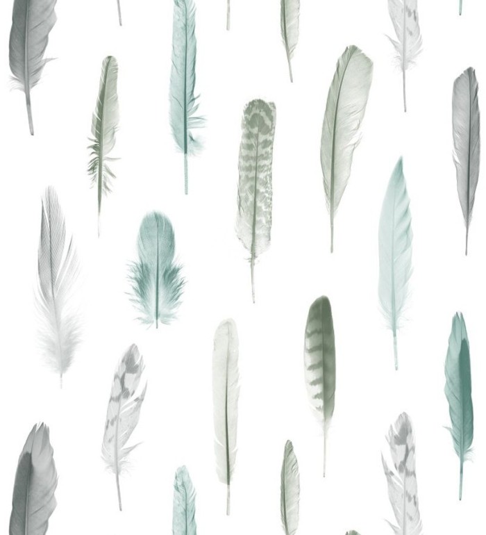 Papel pintado plumas tonos grises y verdes fondo blanco - Bohemian Rain 677296