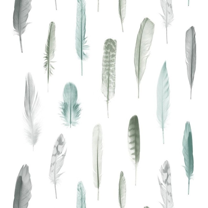 Papel pintado plumas tonos grises y verdes fondo blanco - Bohemian Rain 677296