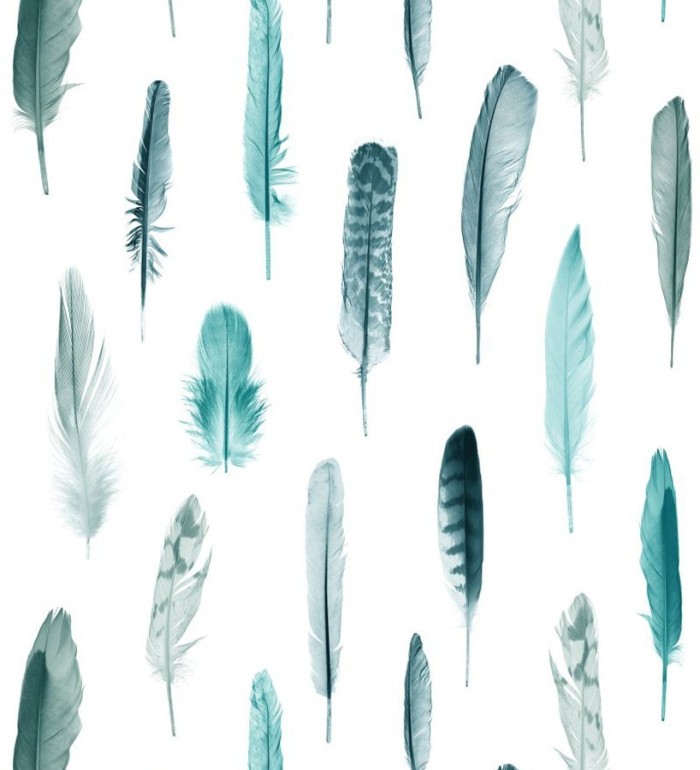 Papel pintado plumas tonos azules fondo blanco - Bohemian Rain 677297