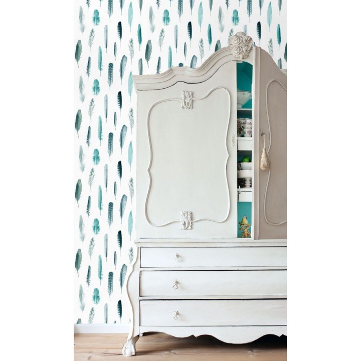 Papel pintado plumas tonos azules fondo blanco - Bohemian Rain 677297