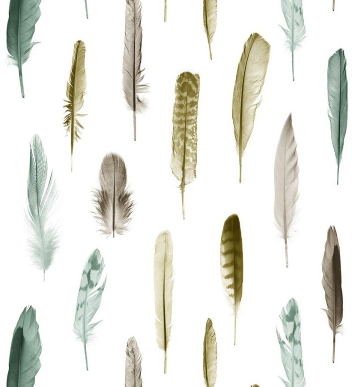 Papel pintado plumas tonos ocres y verdes fondo blanco - Bohemian Rain 677298