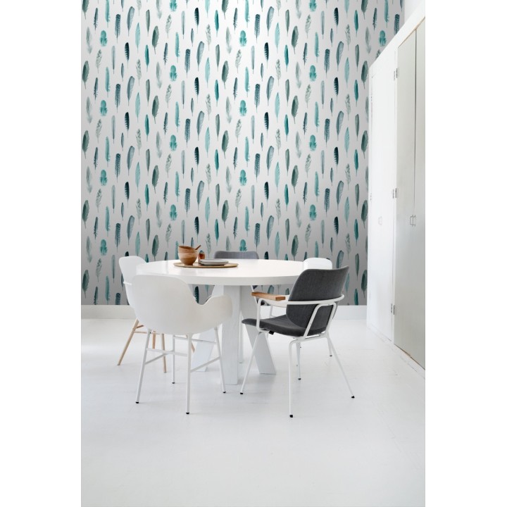 Papel pintado plumas tonos ocres y verdes fondo blanco - Bohemian Rain 677298