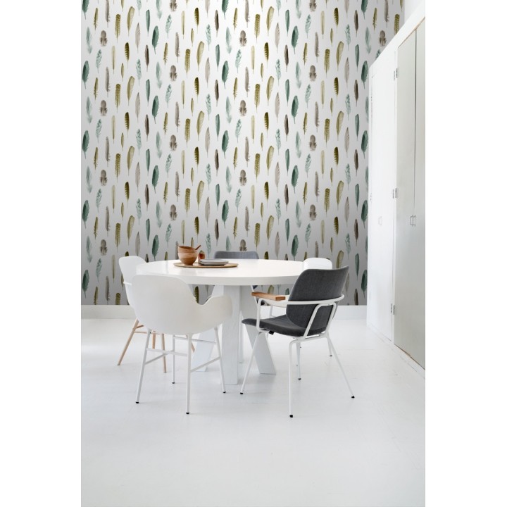 Papel pintado plumas tonos ocres y verdes fondo blanco - Bohemian Rain 677298