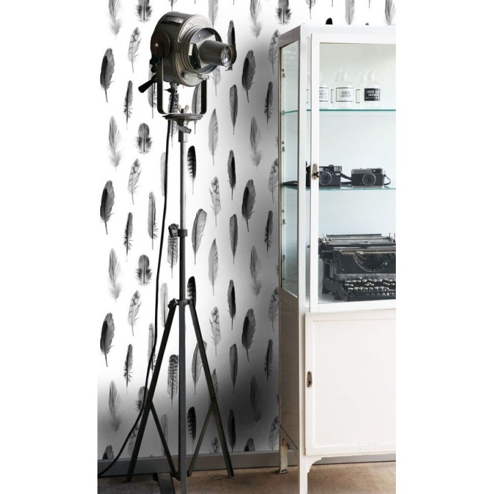 Papel pintado plumas grises fondo blanco - Bohemian Rain 677299