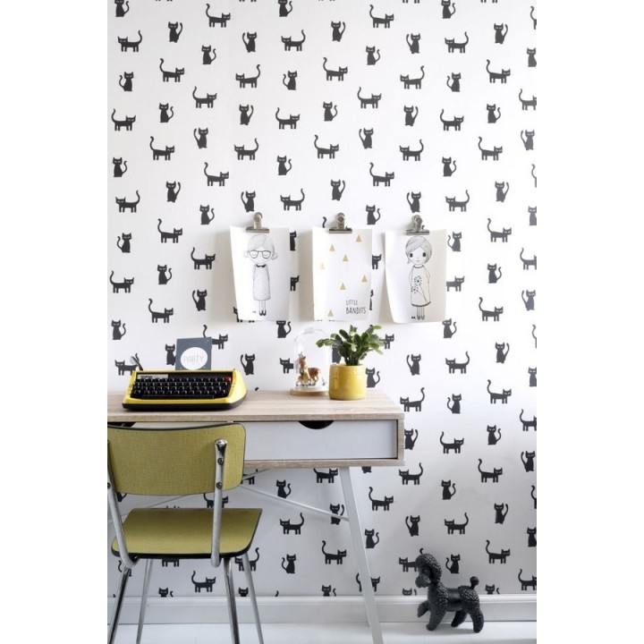 Papel pintado gatos negros fondo blanco - Cats World 677366