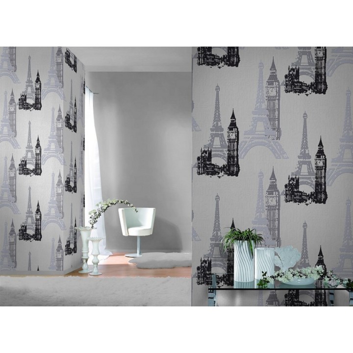 Papel pintado monumentos de París y Londres blanco y negro - París & London 6277