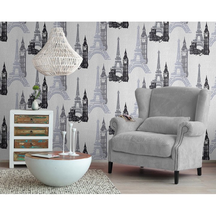 Papel pintado monumentos de París y Londres blanco y negro - París & London 6277