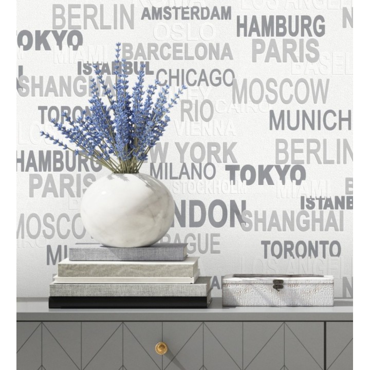 Papel pintado letras de ciudades blanco y negro - Caslon 6283
