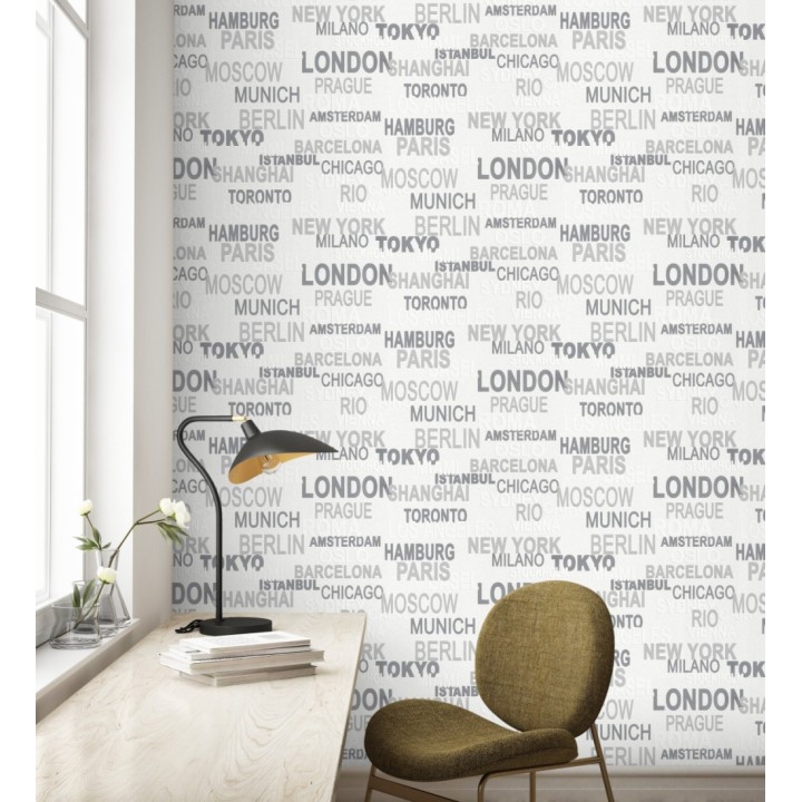 Papel pintado letras de ciudades blanco y negro - Caslon 6283
