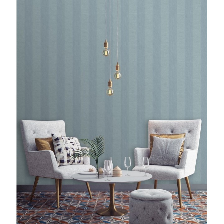 Papel pintado rayas metalizadas tonos celestes - Raya Torino 679262