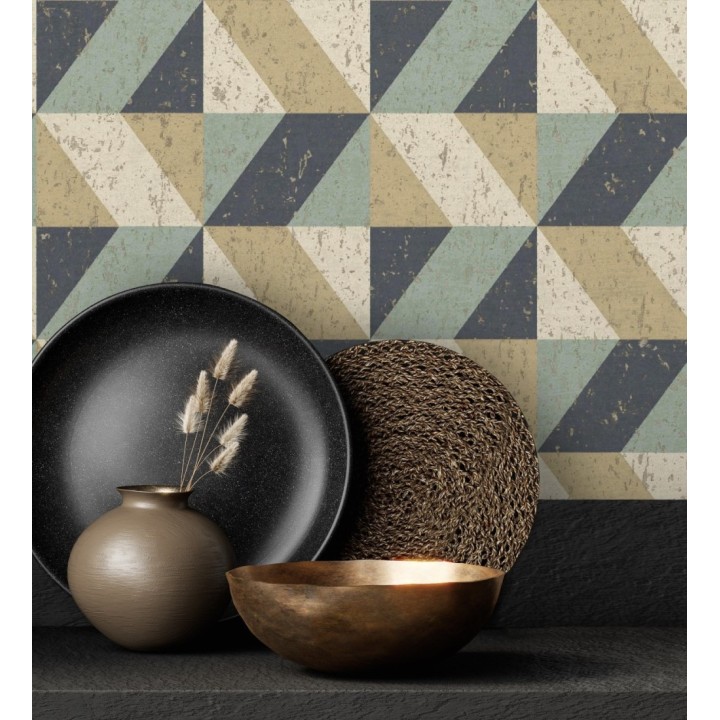 Papel pintado rombos geométricos zig zag dorado, verde y azul oscuro - Kepler 679263