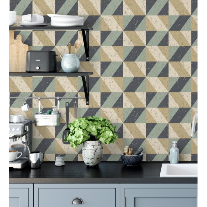 Papel pintado rombos geométricos zig zag dorado, verde y azul oscuro - Kepler 679263