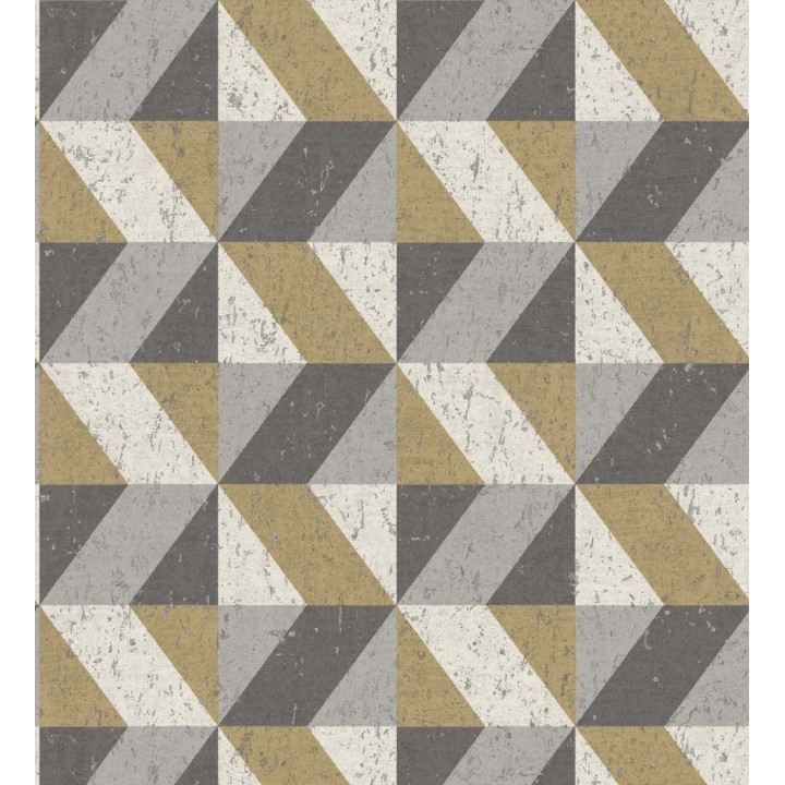 Papel pintado rombos geométricos zig zag dorado, gris y beige - Kepler 679264