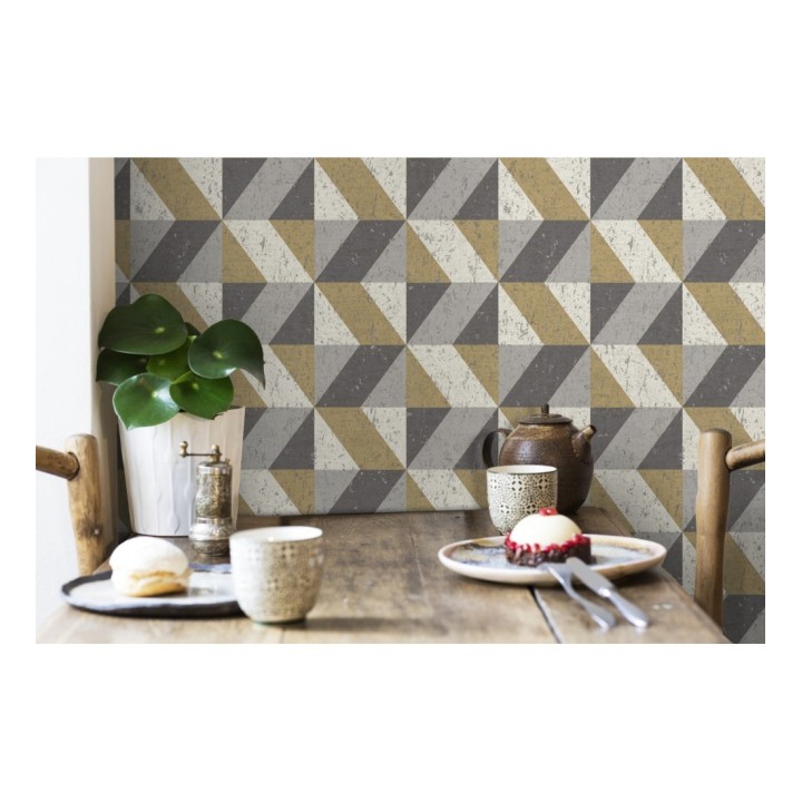 Papel pintado rombos geométricos zig zag dorado, gris y beige - Kepler 679264