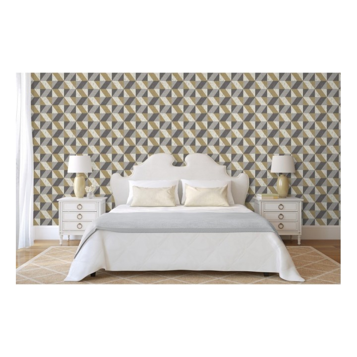 Papel pintado rombos geométricos zig zag dorado, gris y beige - Kepler 679264