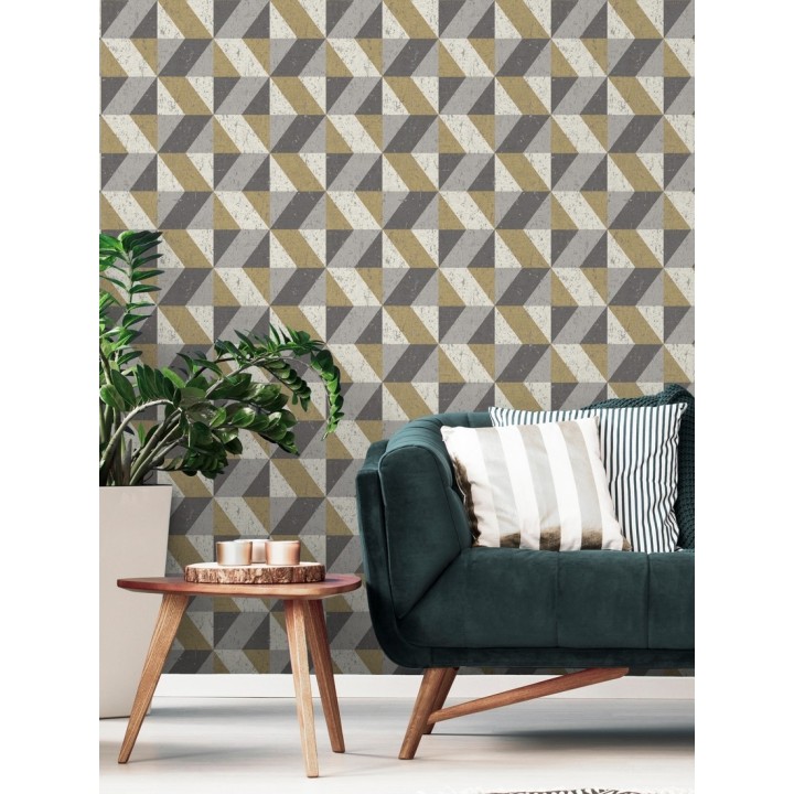 Papel pintado rombos geométricos zig zag dorado, gris y beige - Kepler 679264