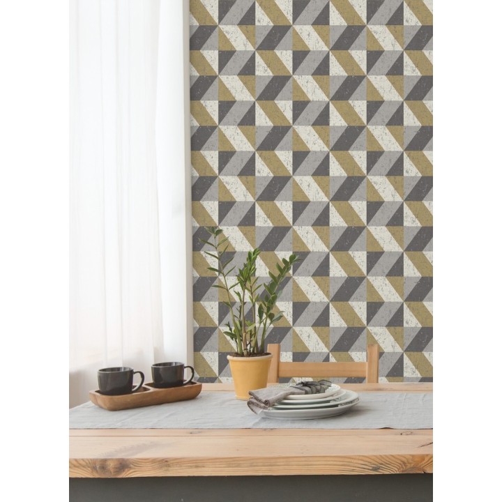 Papel pintado rombos geométricos zig zag dorado, gris y beige - Kepler 679264