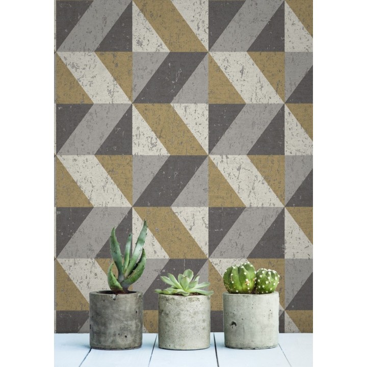 Papel pintado rombos geométricos zig zag dorado, gris y beige - Kepler 679264